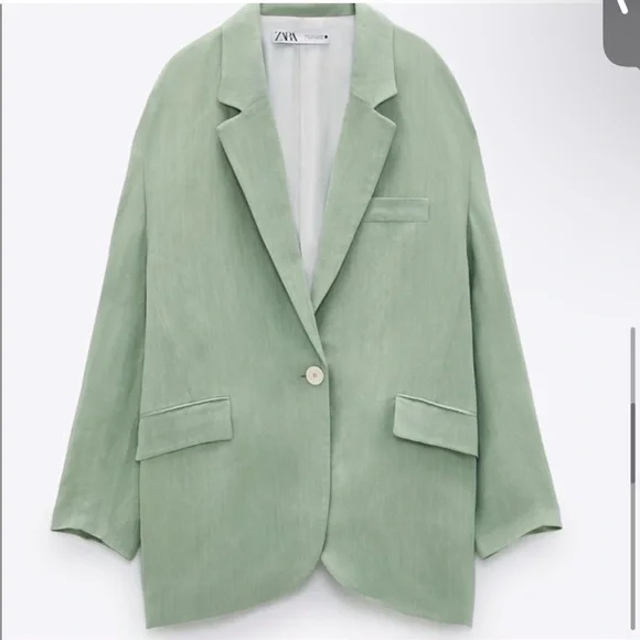 ZARA oversized Linen blend rustic Blazer suit jacket light Mint sage Green sz S - Picture 4 of 16